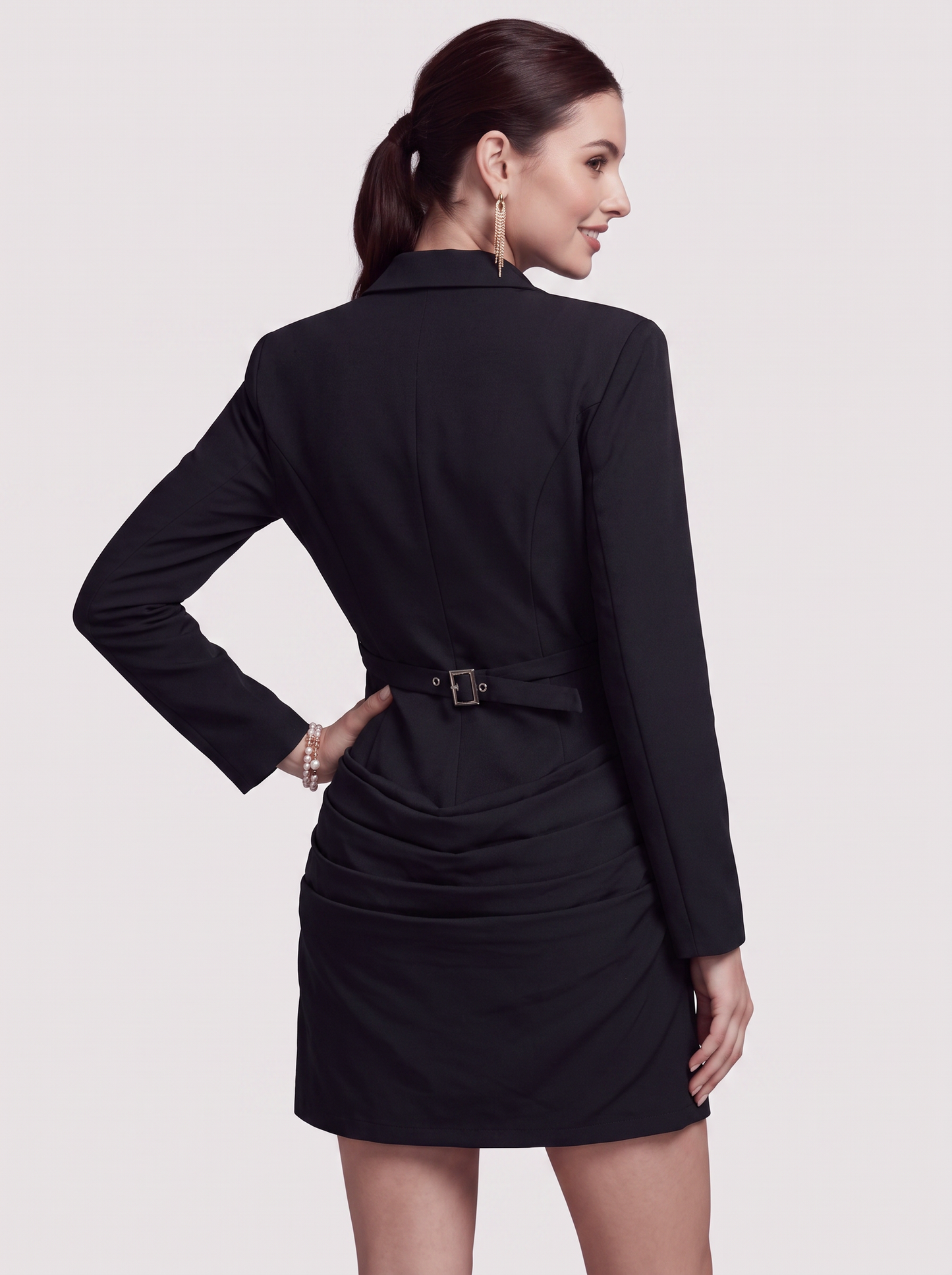 Twill mini dress with ruched waist and deep V-neck - view 4