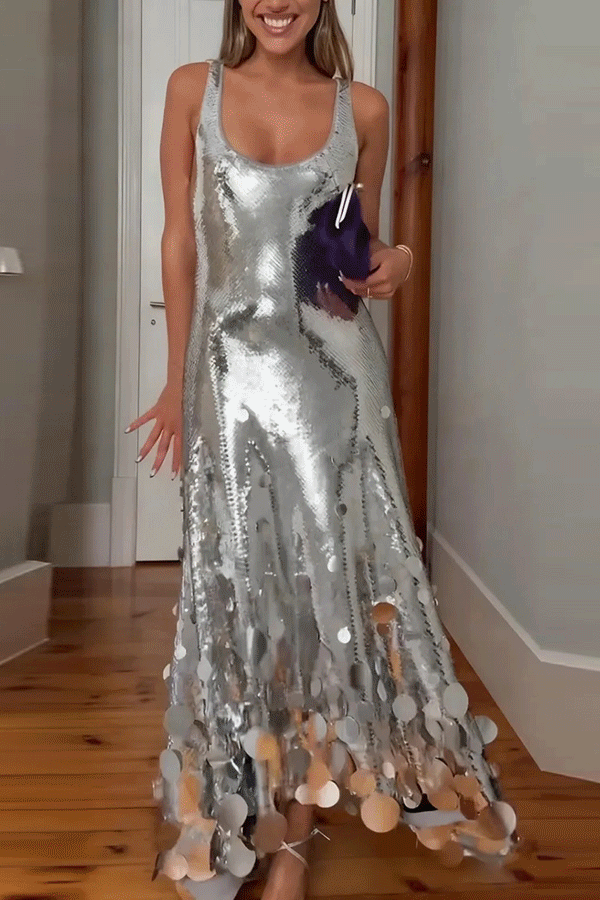Comfortable Sequin Tank Maxi Dress With Cutout Back - 7