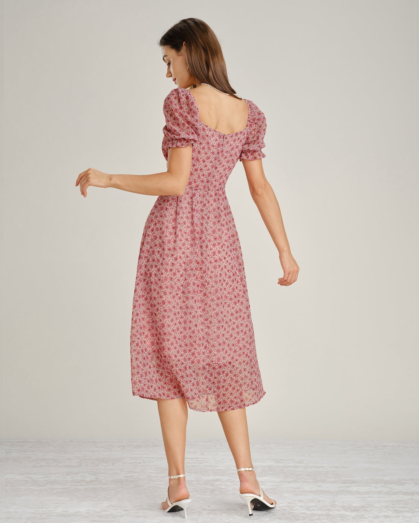 Pink Floral Chiffon Square Neck Midi Dress - view 4