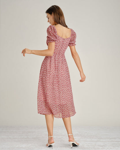Pink Floral Chiffon Square Neck Midi Dress - view 4
