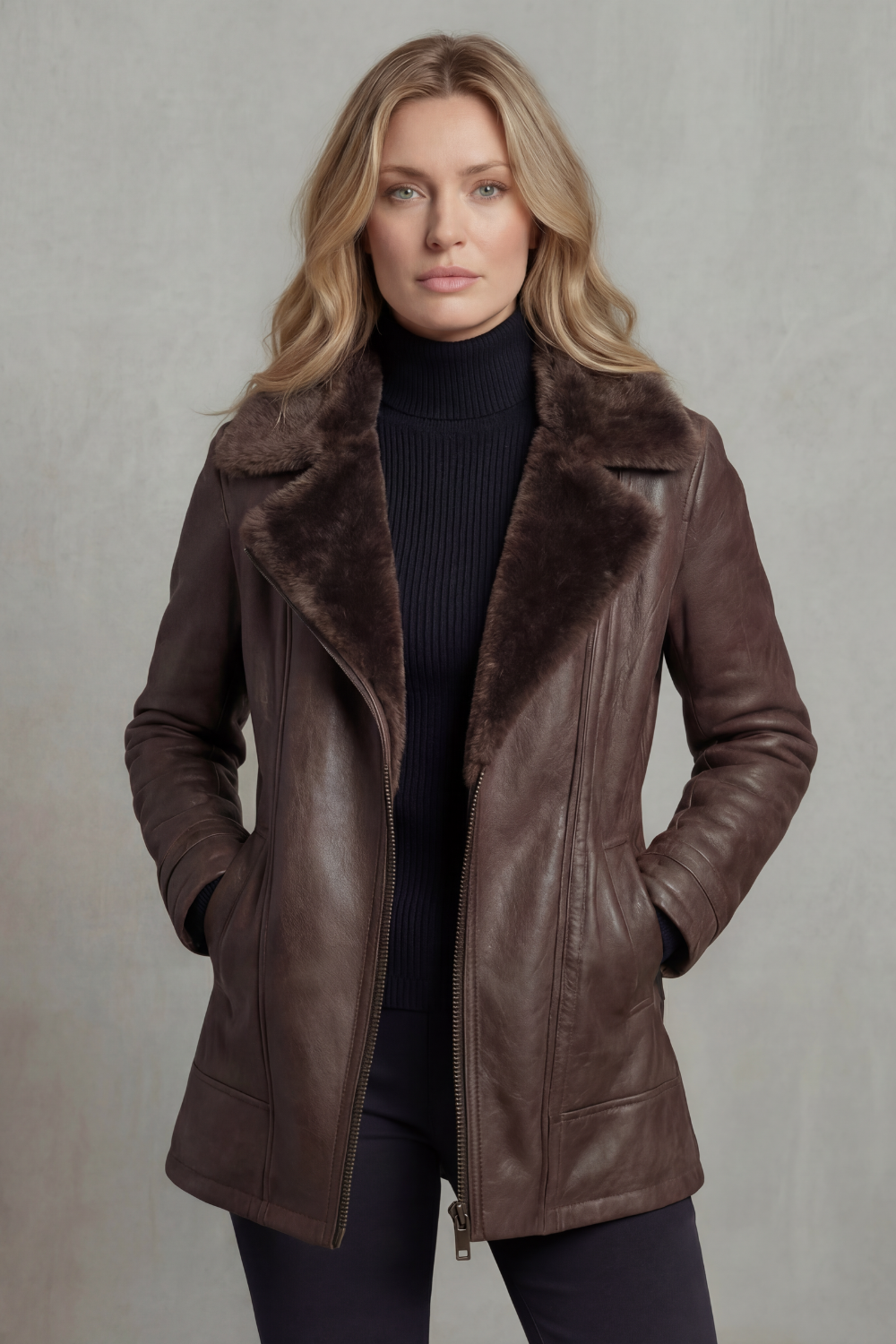Brown Faux Leather Jacket with Shearling Collar - view 3