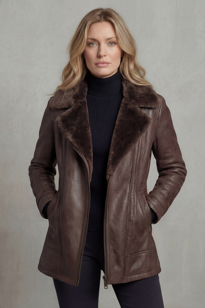Brown Faux Leather Jacket with Shearling Collar - view 3