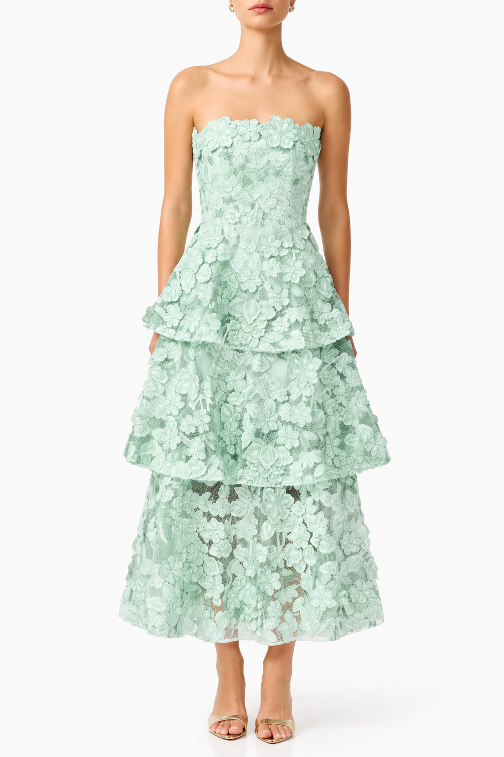 Green Embroidered Off-Shoulder Tiered Maxi Dress - view 2