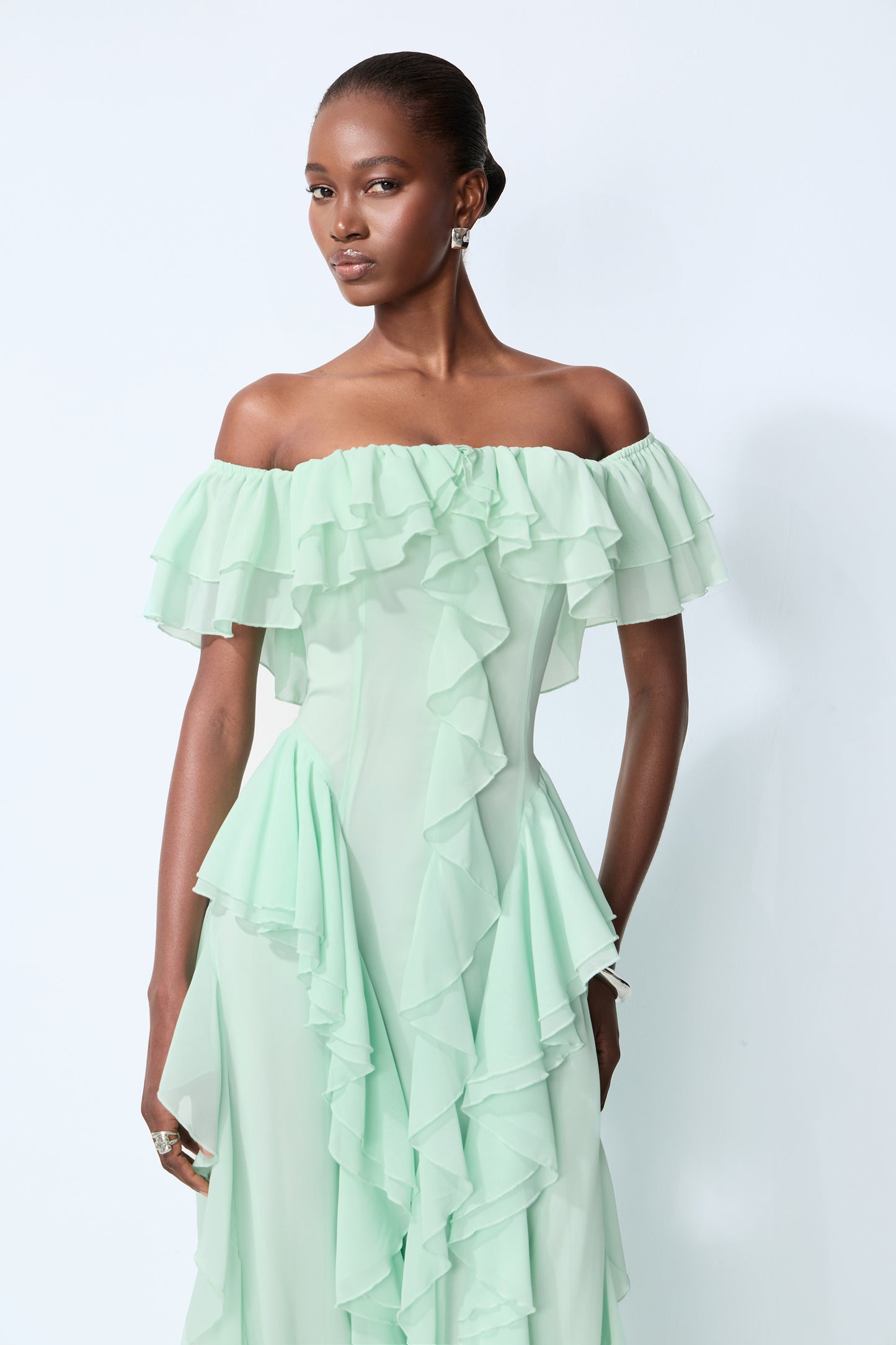 Sage green off-shoulder ruffle maxi dress with pockets - view 3