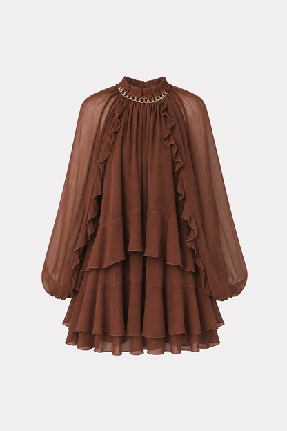 Tiered Ruffle Chiffon Mini Dress, Long Sleeve - view 9