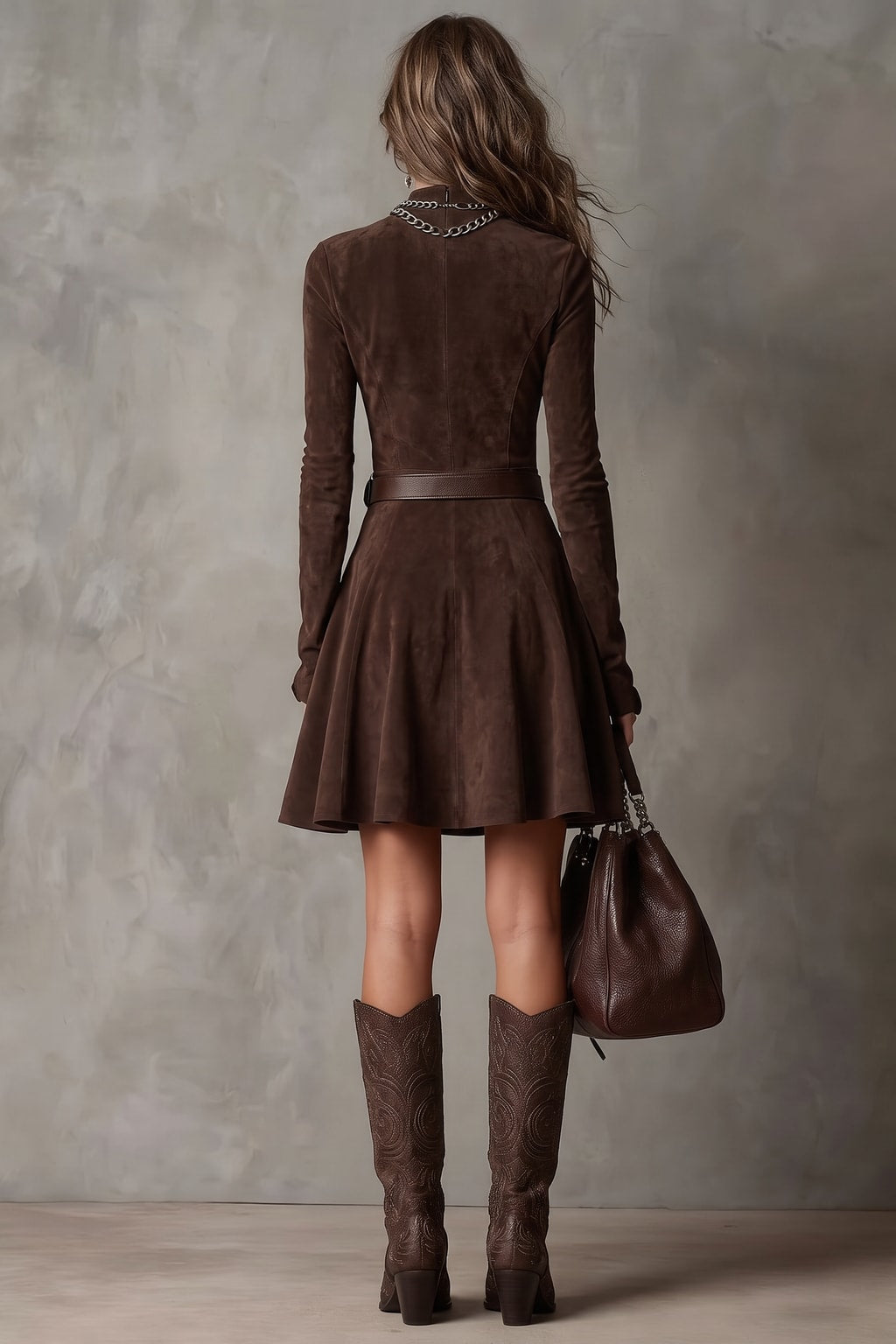 Suede Mini Dress with Turtleneck and Vintage Style - 3