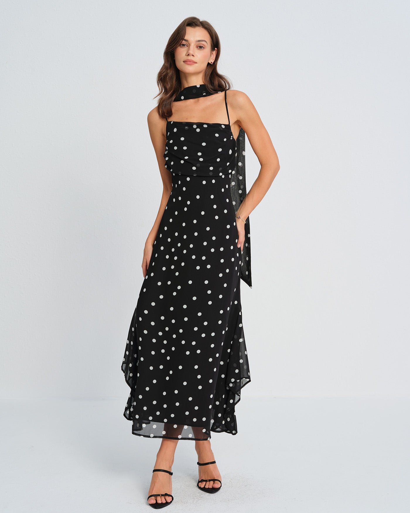Polka Dot Slip Maxi Dress With Tie Waist - view 4