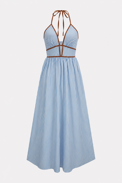Striped halter neck sleeveless maxi dress