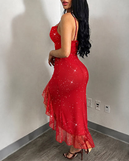 Red Glitter Mesh Mermaid Cami Dress - view 5