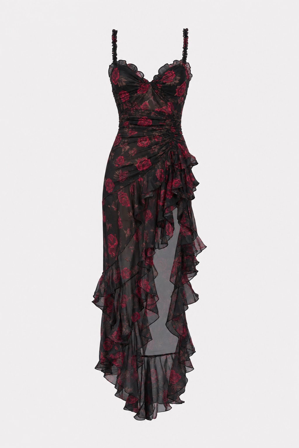 Romantic Black Floral Mesh Midi Dress with Ruffle Hem - 1