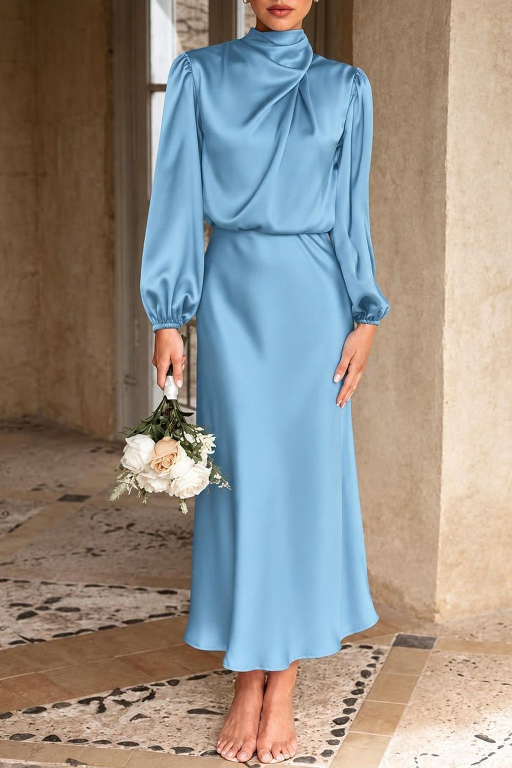 Satin High-Neck Midi Dress - 14