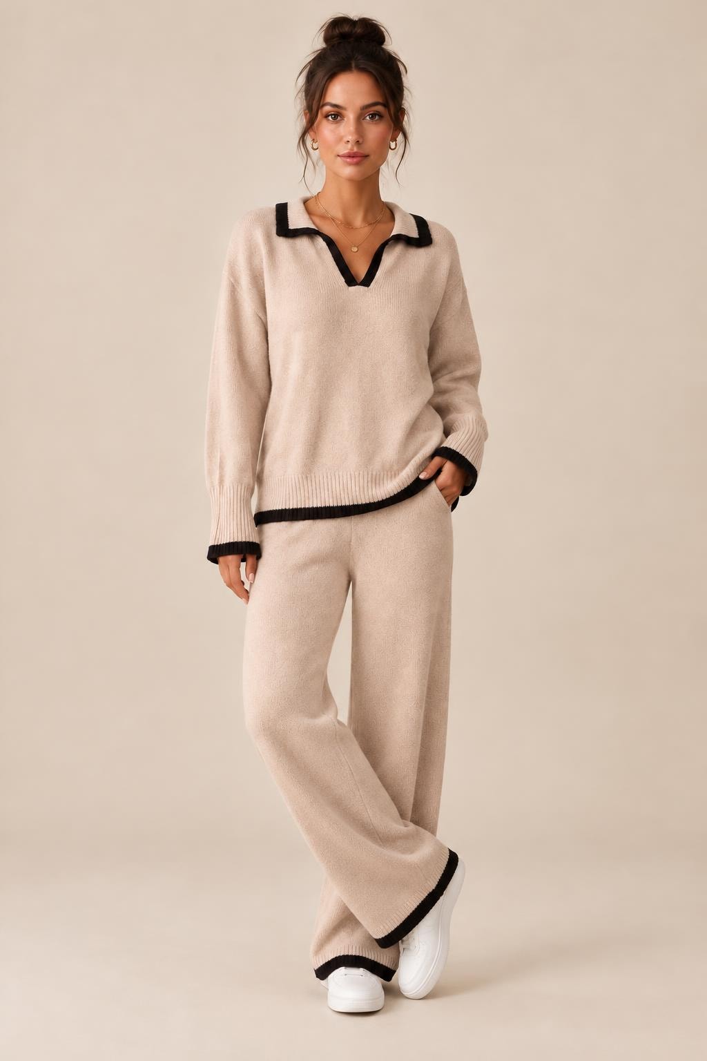 Polyester Two-Piece Pants Set With Contrast Trim - 2