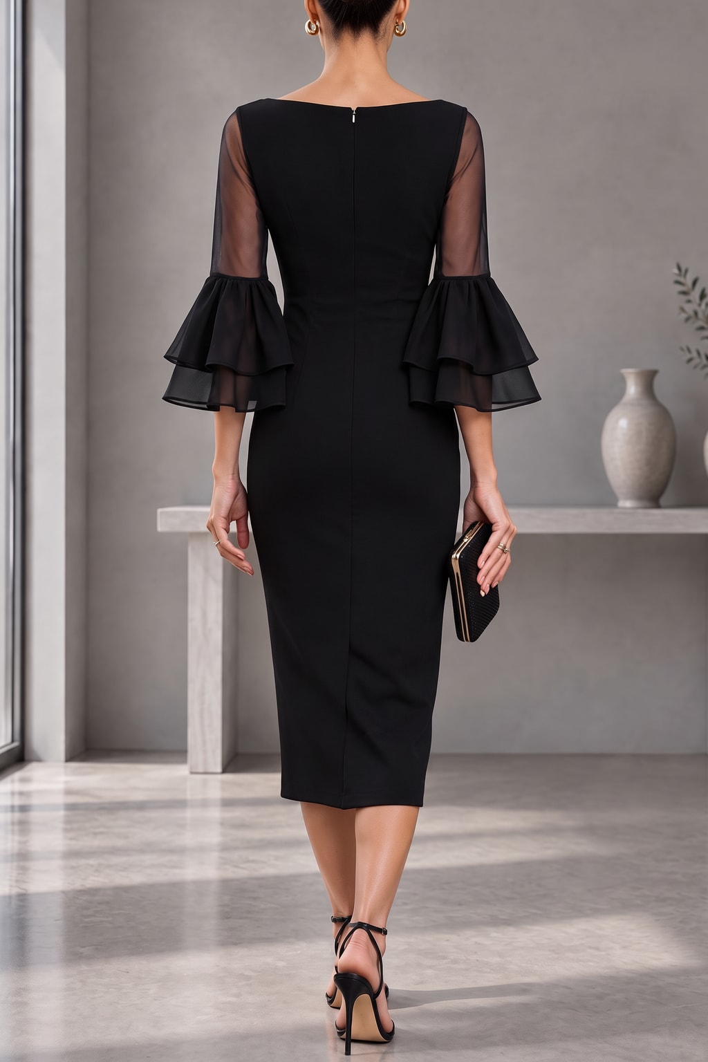 Polyester Bodycon Midi Dress With Bell Sleeves - 4
