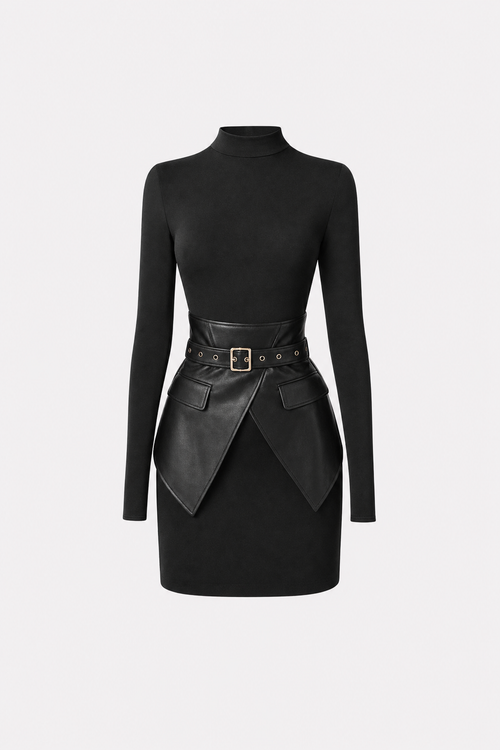 Faux Leather Corset Overlay Knit Mini Dress