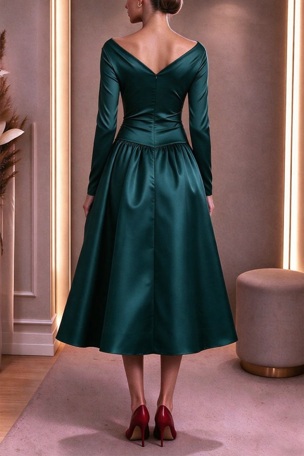 Satin Midi Dress With V-Neck And Flared Skirt - 5