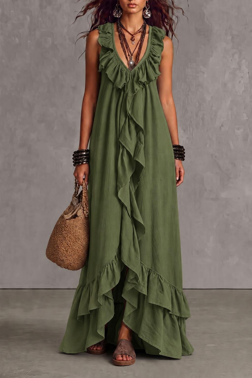 Terylene Maxi Dress With Ruffle Trim - 6