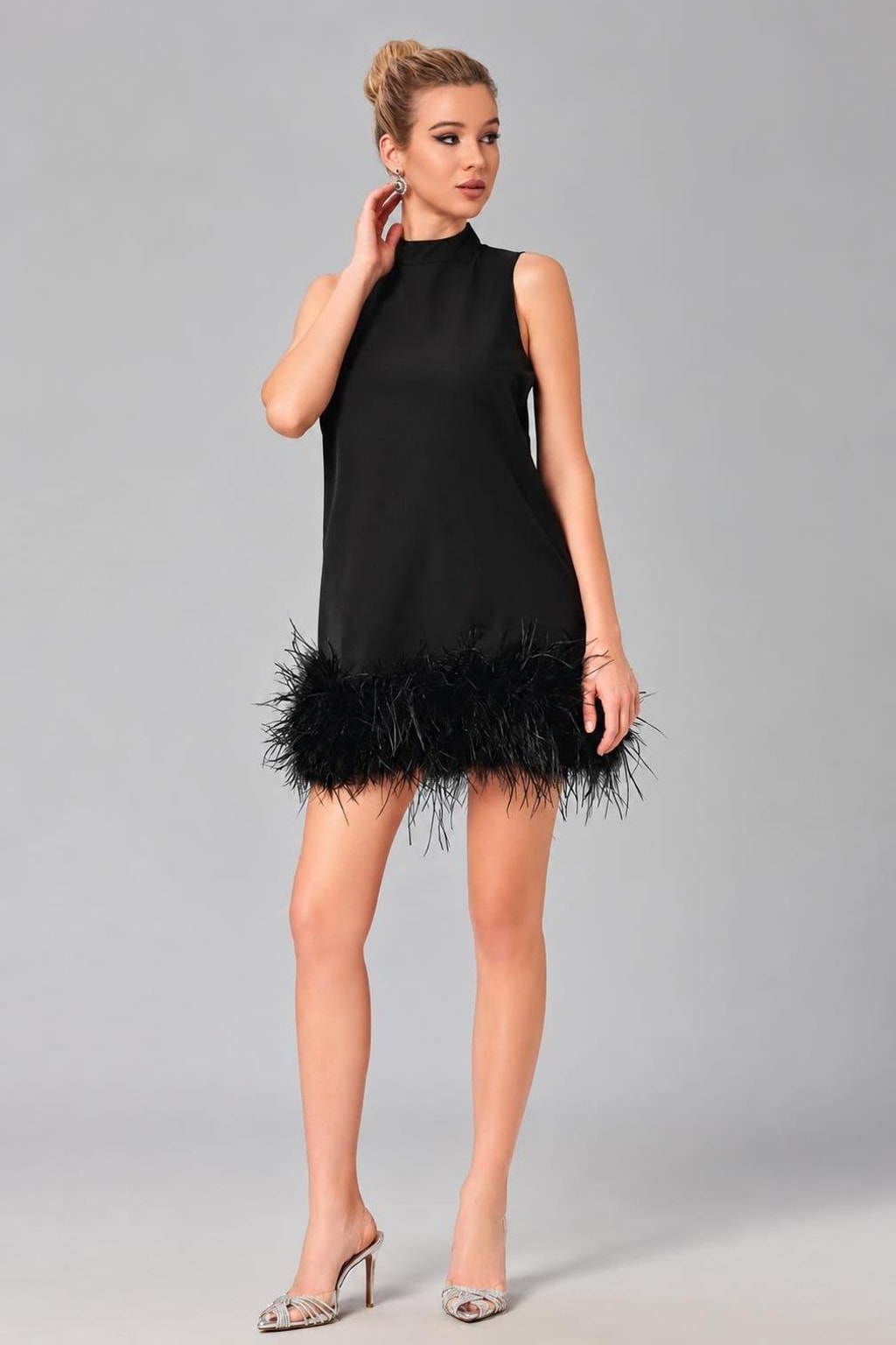 Mock Neck Sleeveless Mini Dress With Feather Hem Holiday Party-5