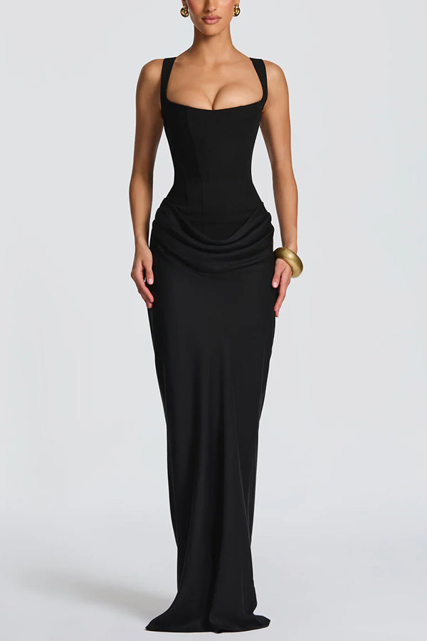 Satin maxi dress with square neck and lace-up back - view 3