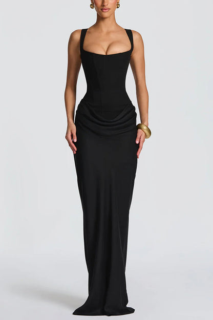 Satin maxi dress with square neck and lace-up back - view 3