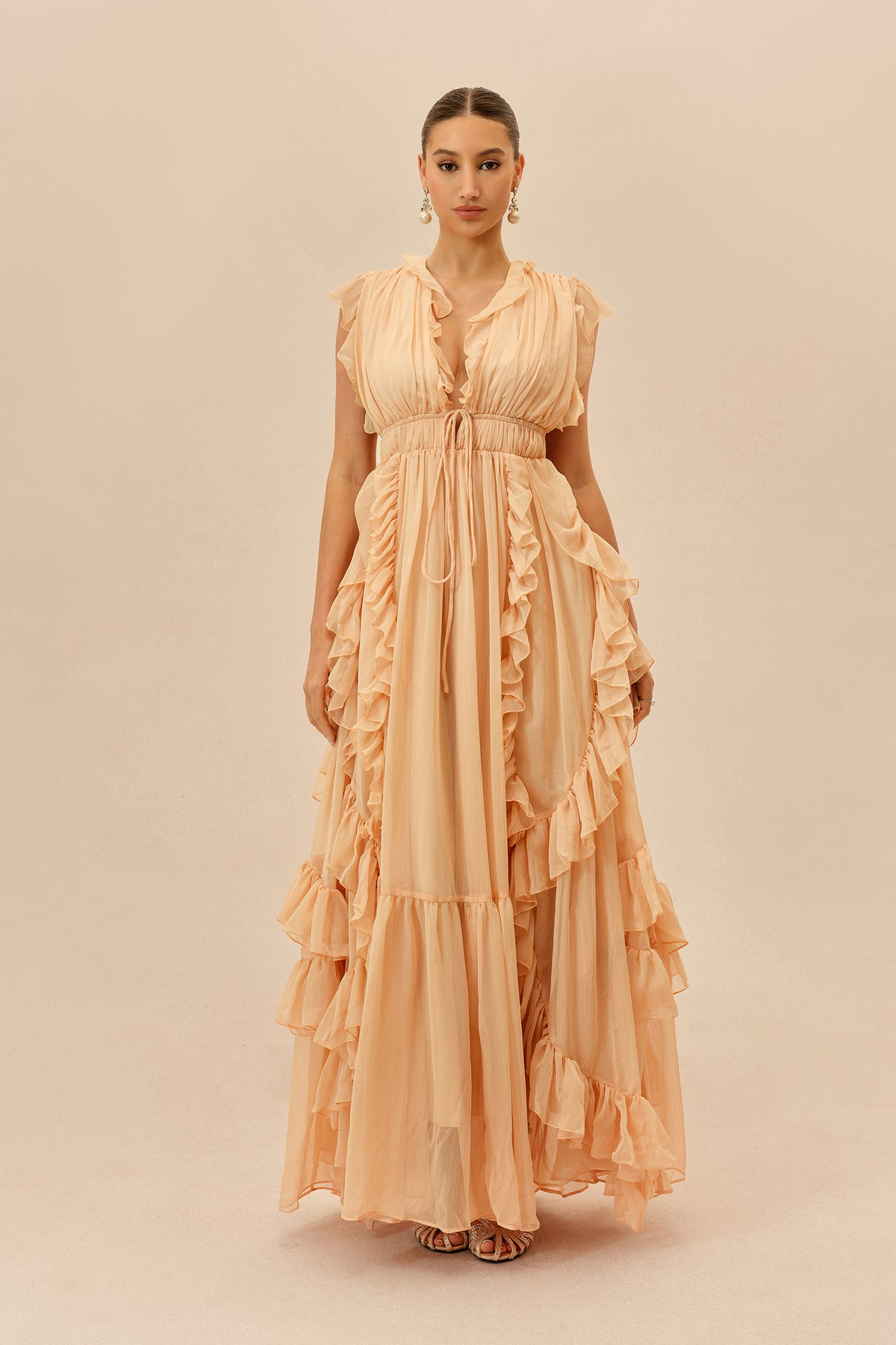 Pink Deep V Tiered Ruffle Chiffon Maxi Dress - view 2