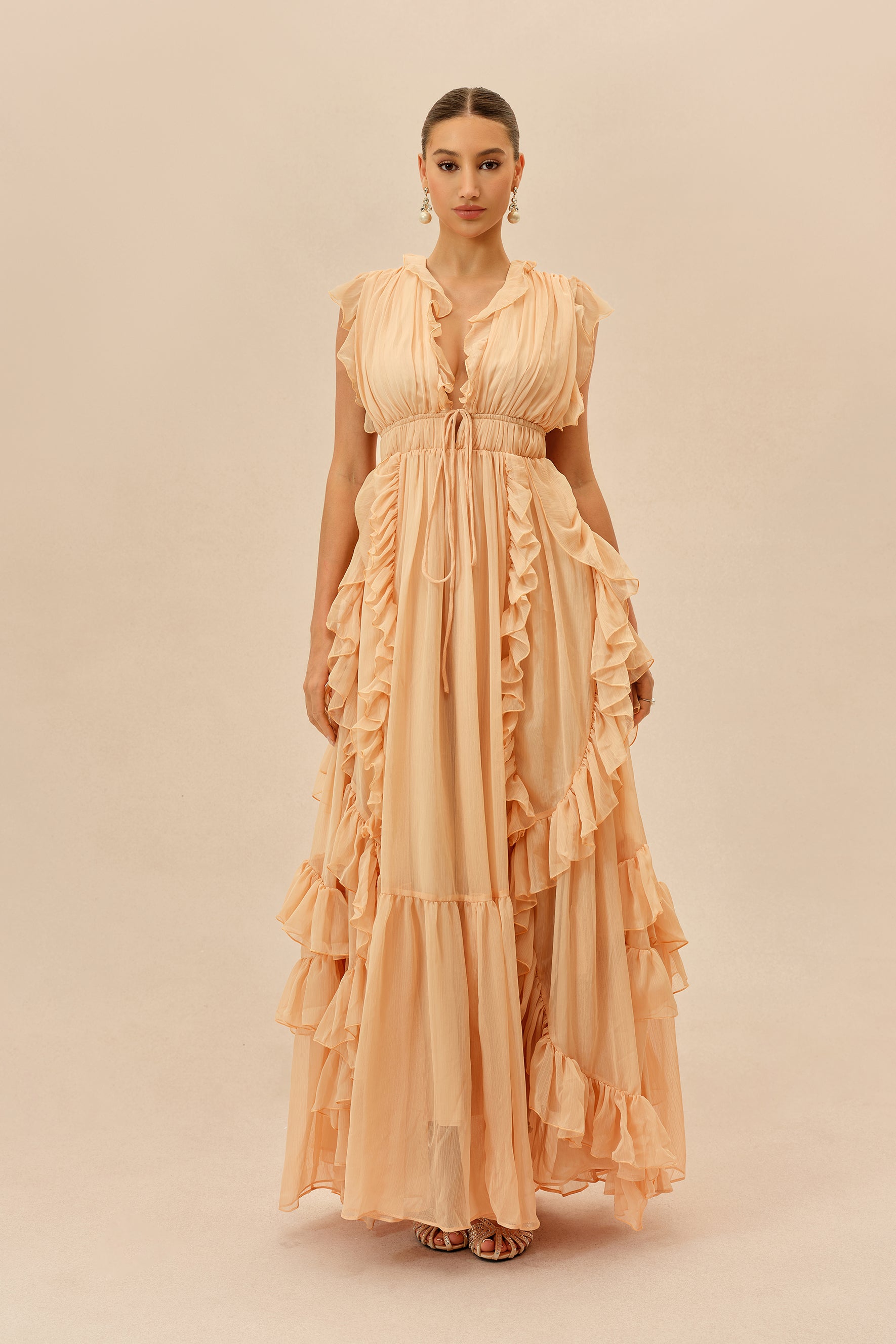 Pink Deep V Tiered Ruffle Chiffon Maxi Dress - view 2
