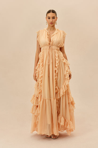 Pink Deep V Tiered Ruffle Chiffon Maxi Dress - view 2