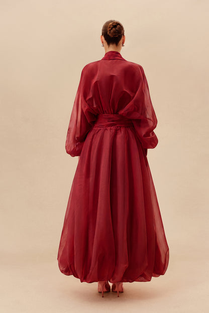 Organza Puff Sleeve Maxi Dress in Red - view 4