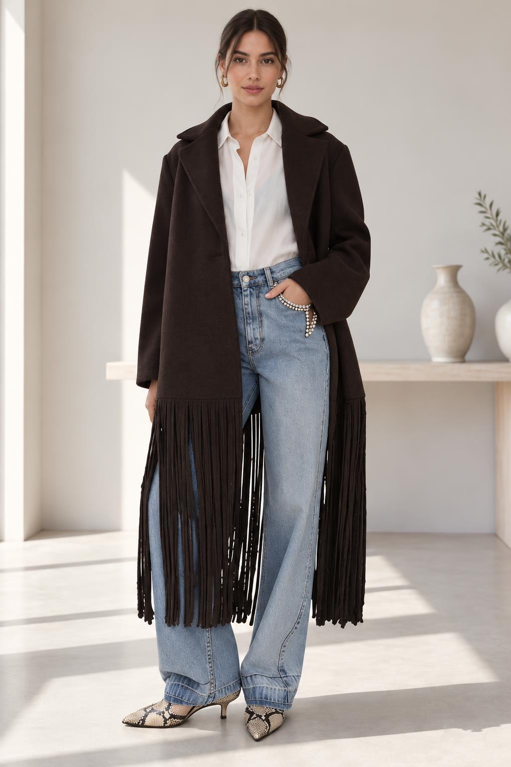 Wool Blend Midi Coat With Tassel Trim Lapel - 2
