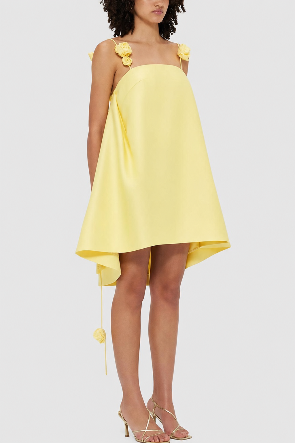 Yellow A-line mini dress with rose straps - view 3