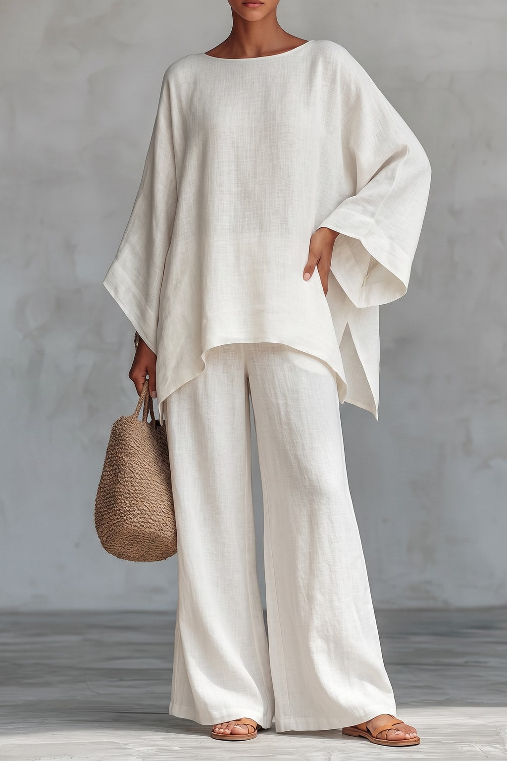 Asymmetric Top Two-Piece Set With Flowing Pants - 3