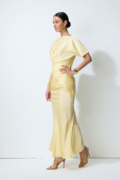Yellow satin blouse and skirt set with lace trim - view 5