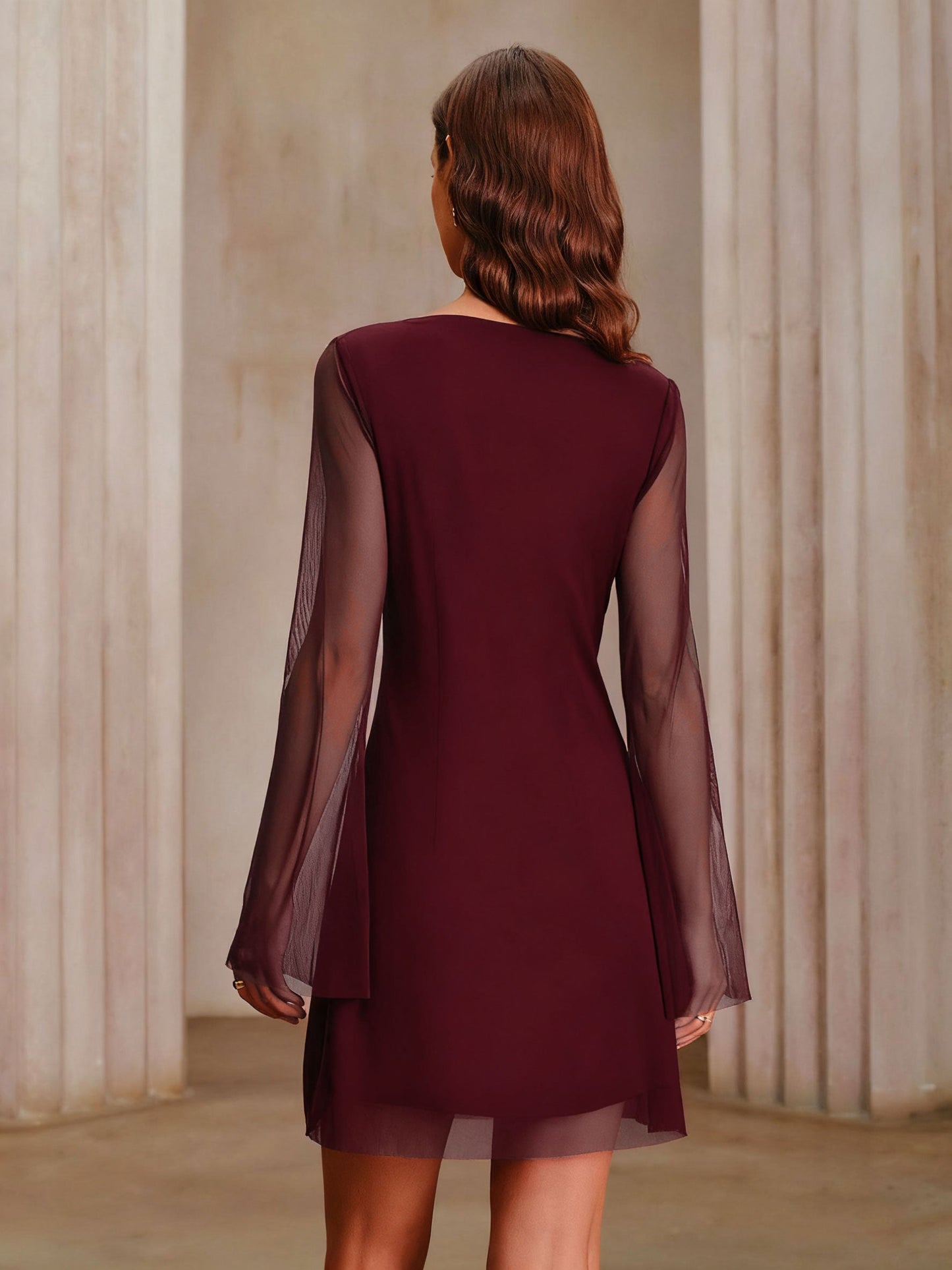 Boat Neck Mesh Mini Dress in Wine Red - view 4