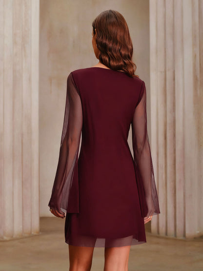 Boat Neck Mesh Mini Dress in Wine Red - view 4