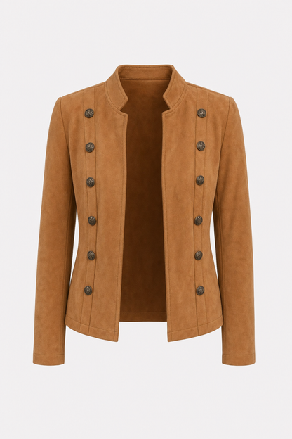 Brown Faux Suede Jacket with Stand Collar