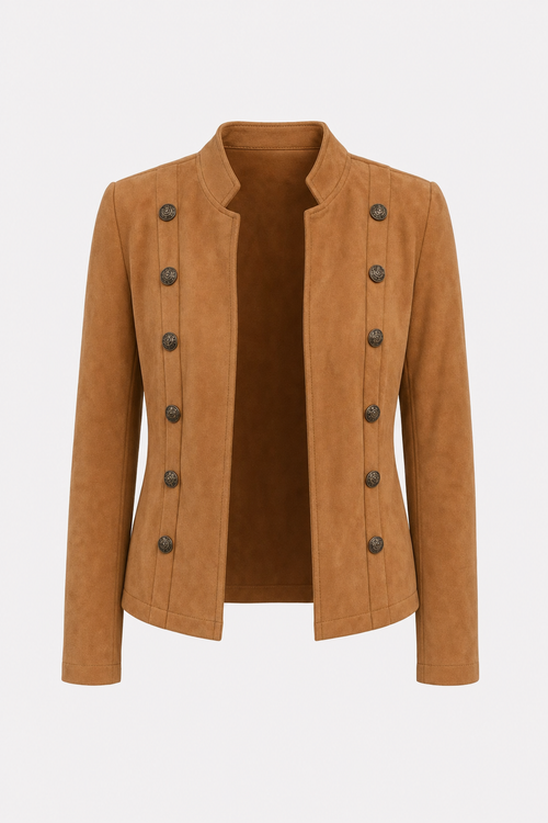 Brown Faux Suede Jacket with Stand Collar