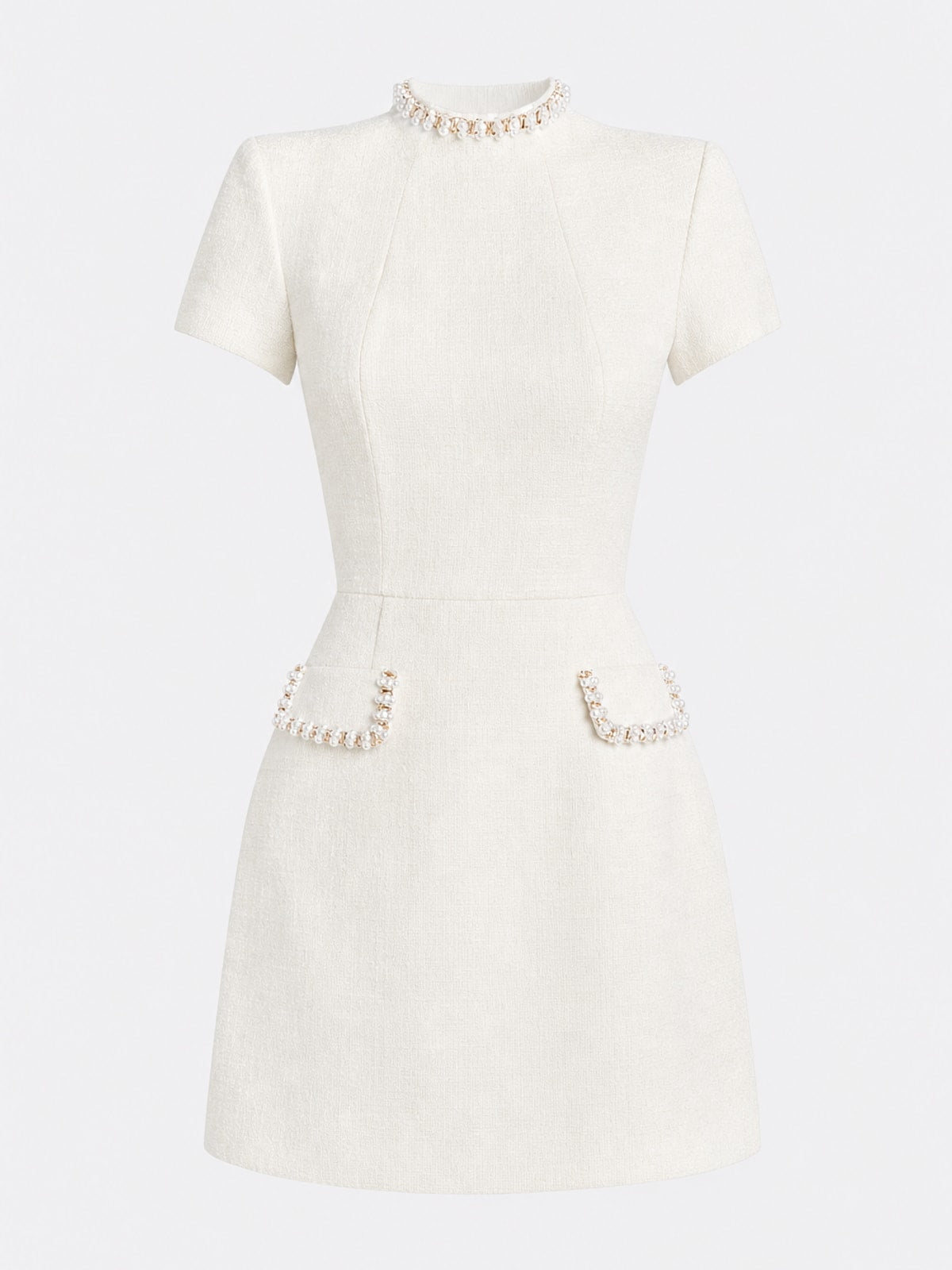 Elegant Tweed Pearl-Trim Mini Dress With Pockets - 1