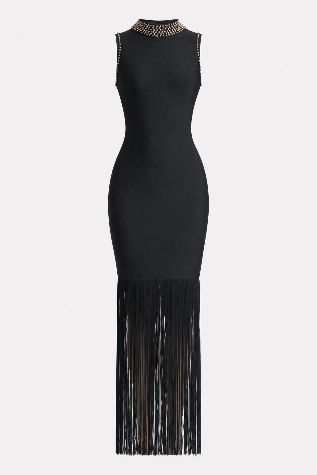 Bandage High Neck Sleeveless Beaded Tassel Maxi Dress - 1