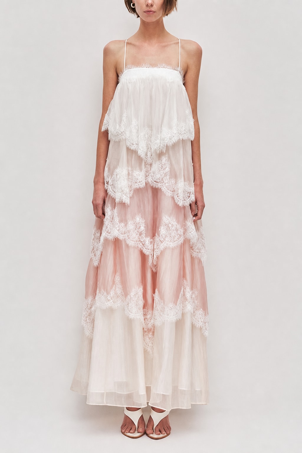 Pink Chiffon Lace Backless Tiered Maxi Dress - 5