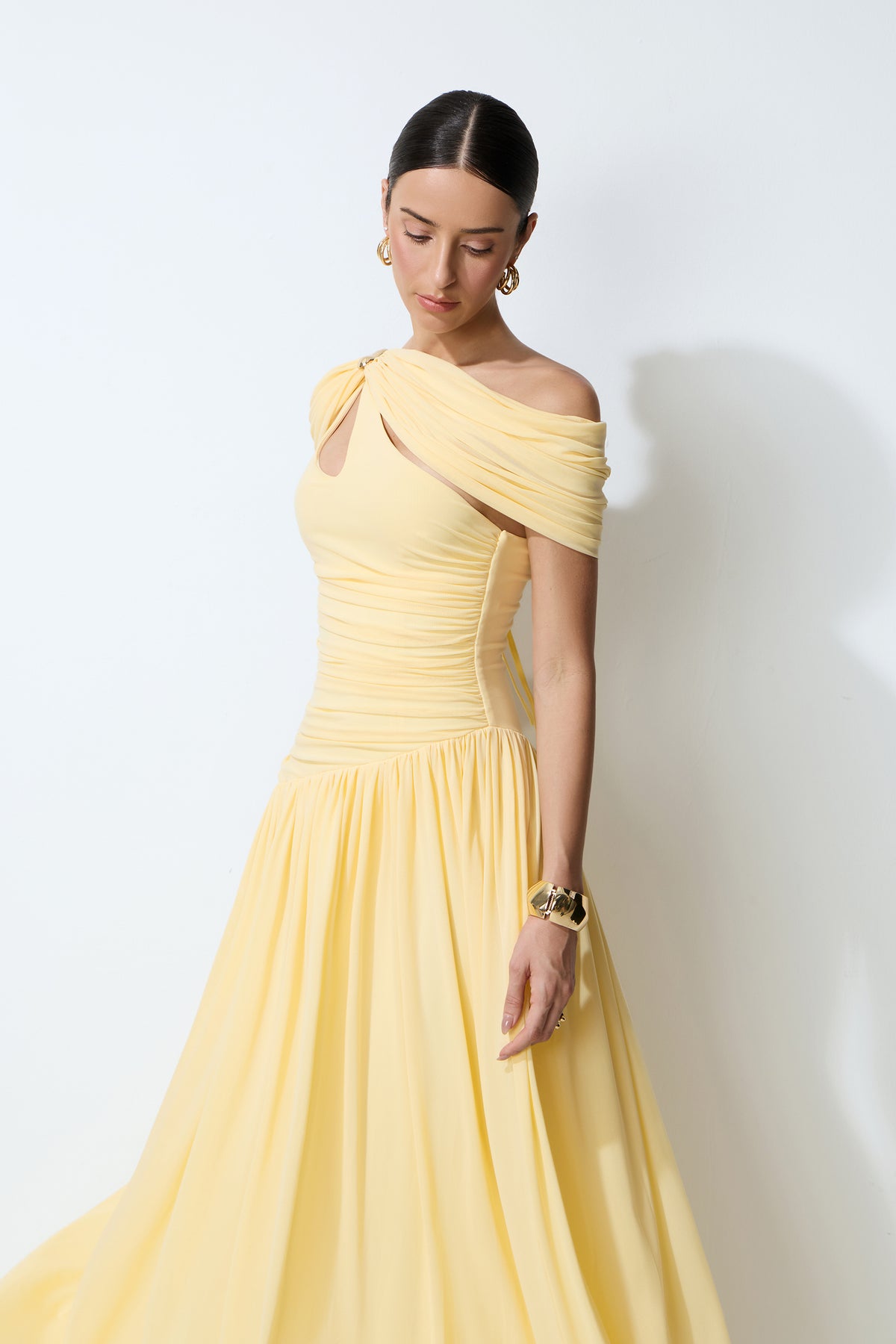 Yellow one-shoulder cutout maxi dress - view 3