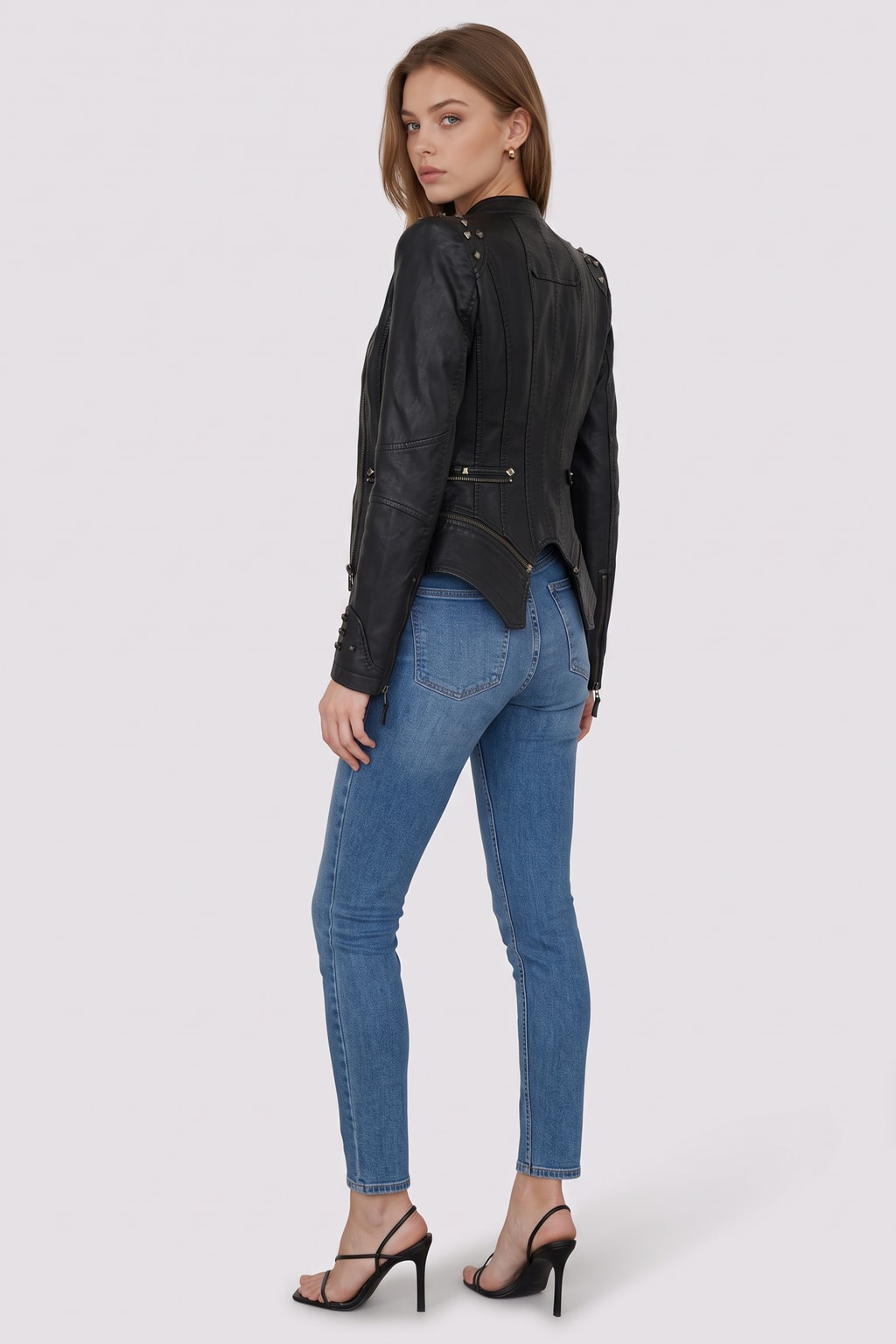 Faux Leather Peplum Jacket With Zip Cuffs - 4