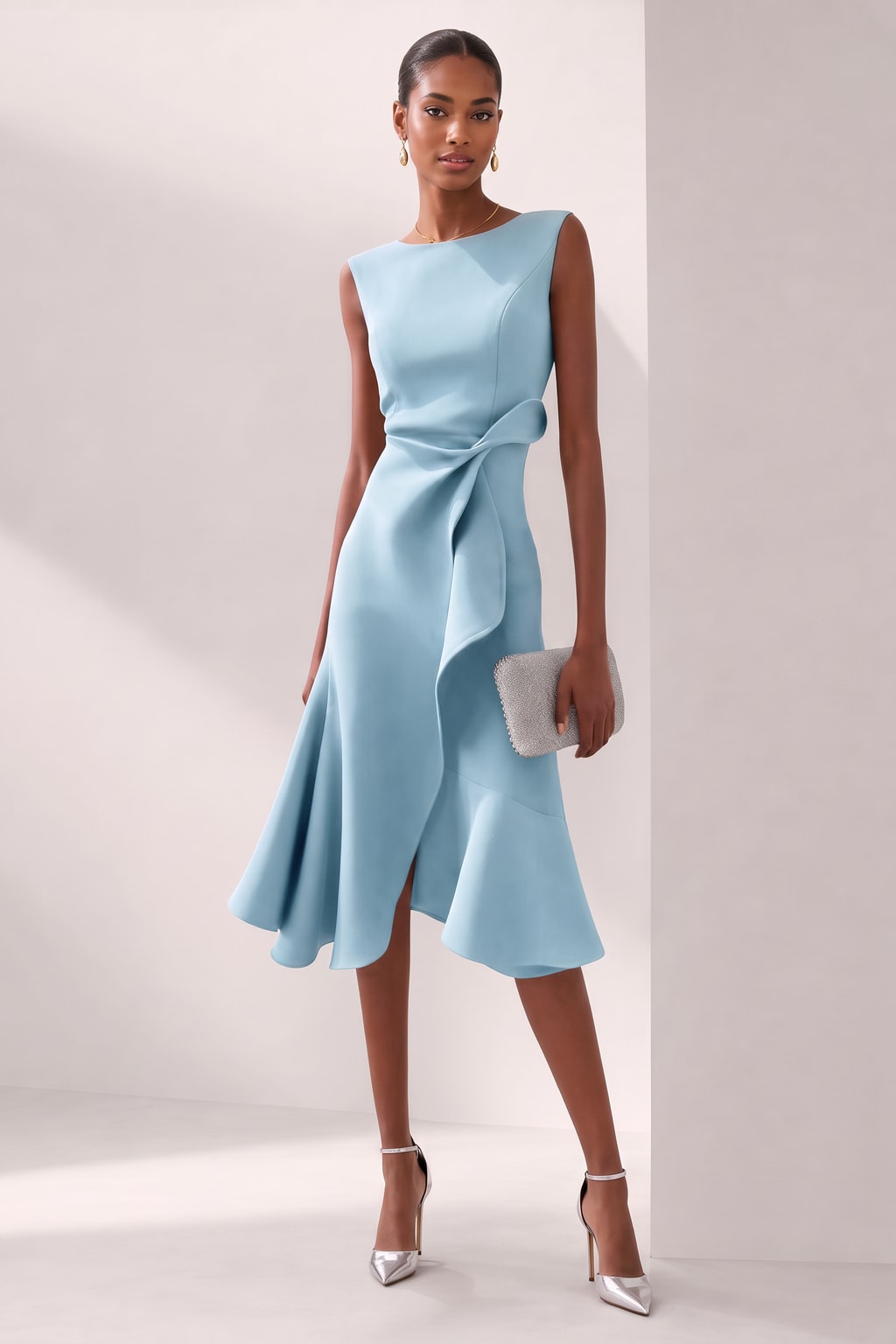 Satin Midi Dress With Asymmetric Draped Detail - 6