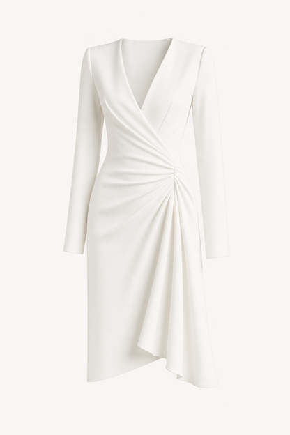 V-Neck Pleated Waist Midi Dress