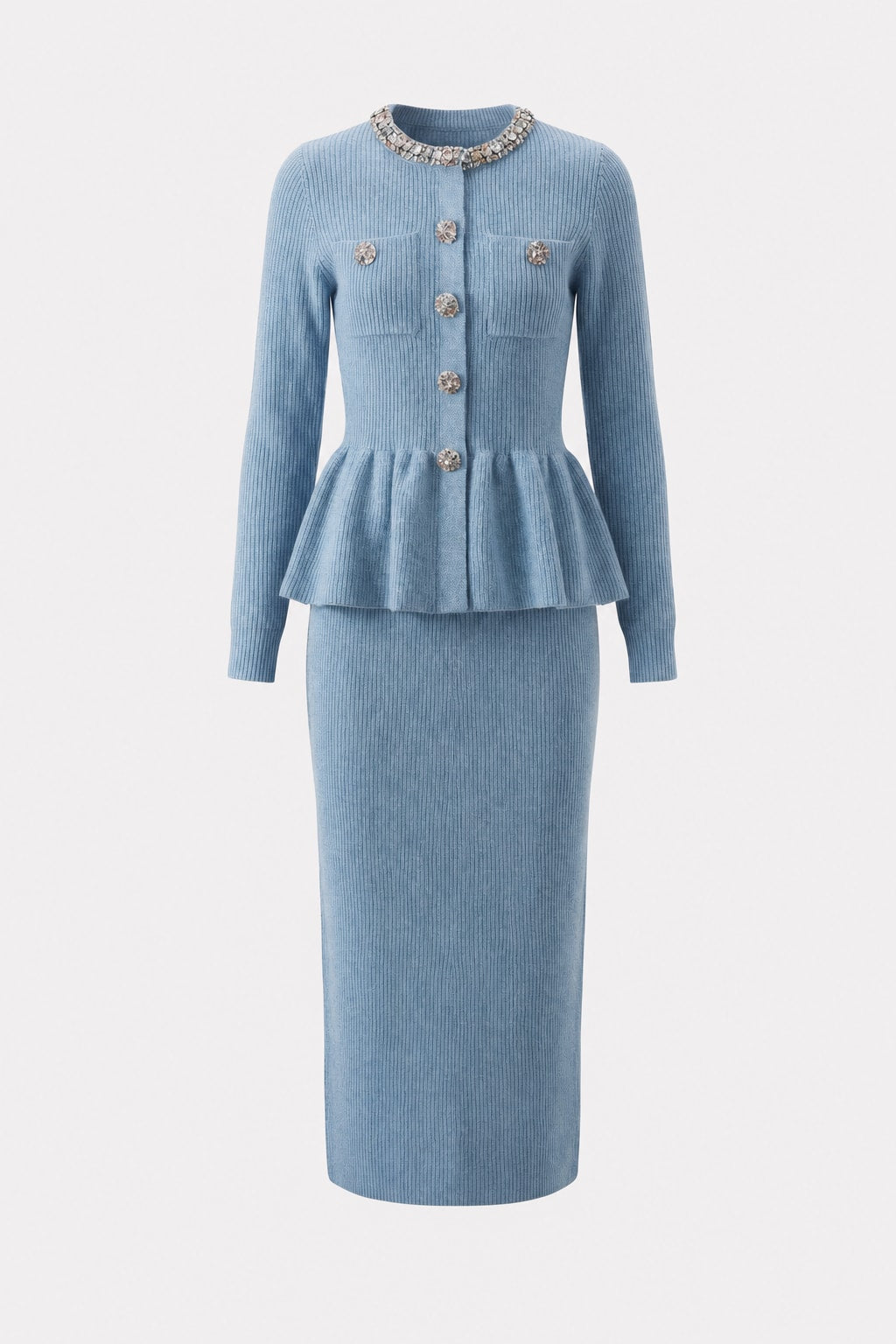 Knitted Two-Piece Jacket And Skirt Set With Rhinestone Trim - 1