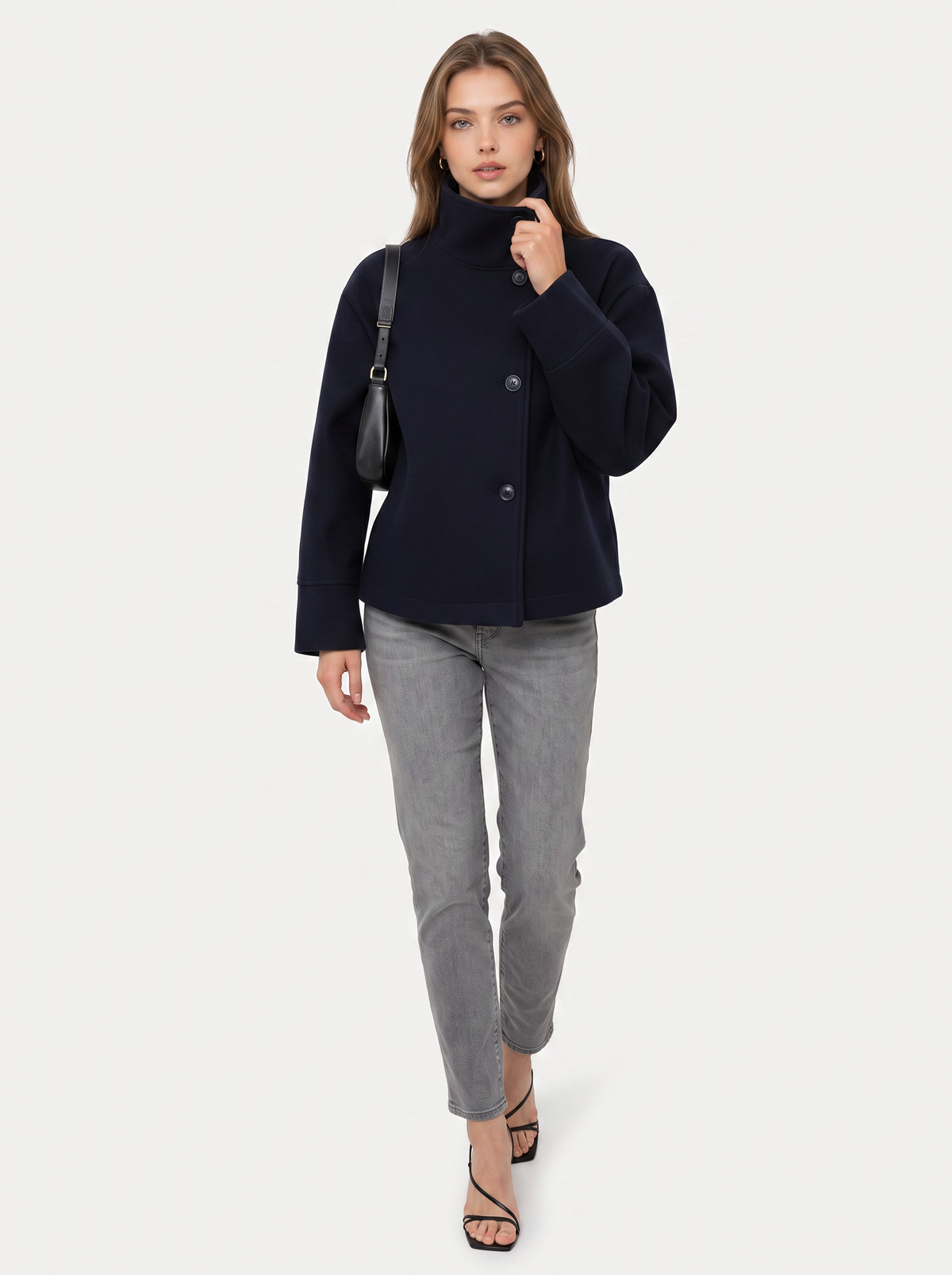 Stand collar short jacket with single button - view 2
