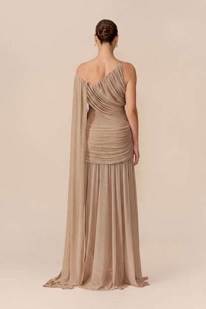 Draped Cape Sleeve Mesh Maxi Dress in Khaki - view 4