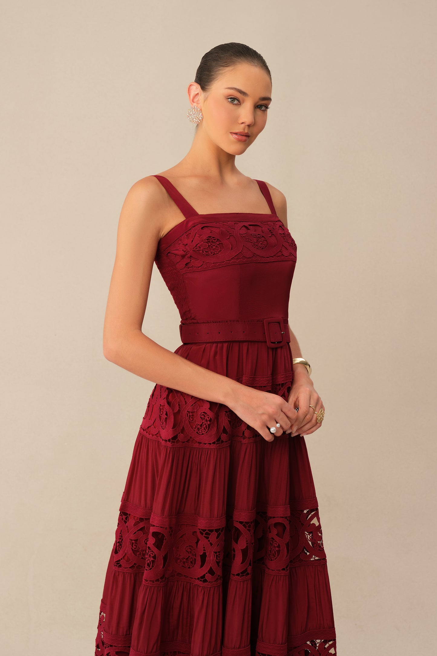 Burgundy Square Neck Lace Maxi Dress - view 3