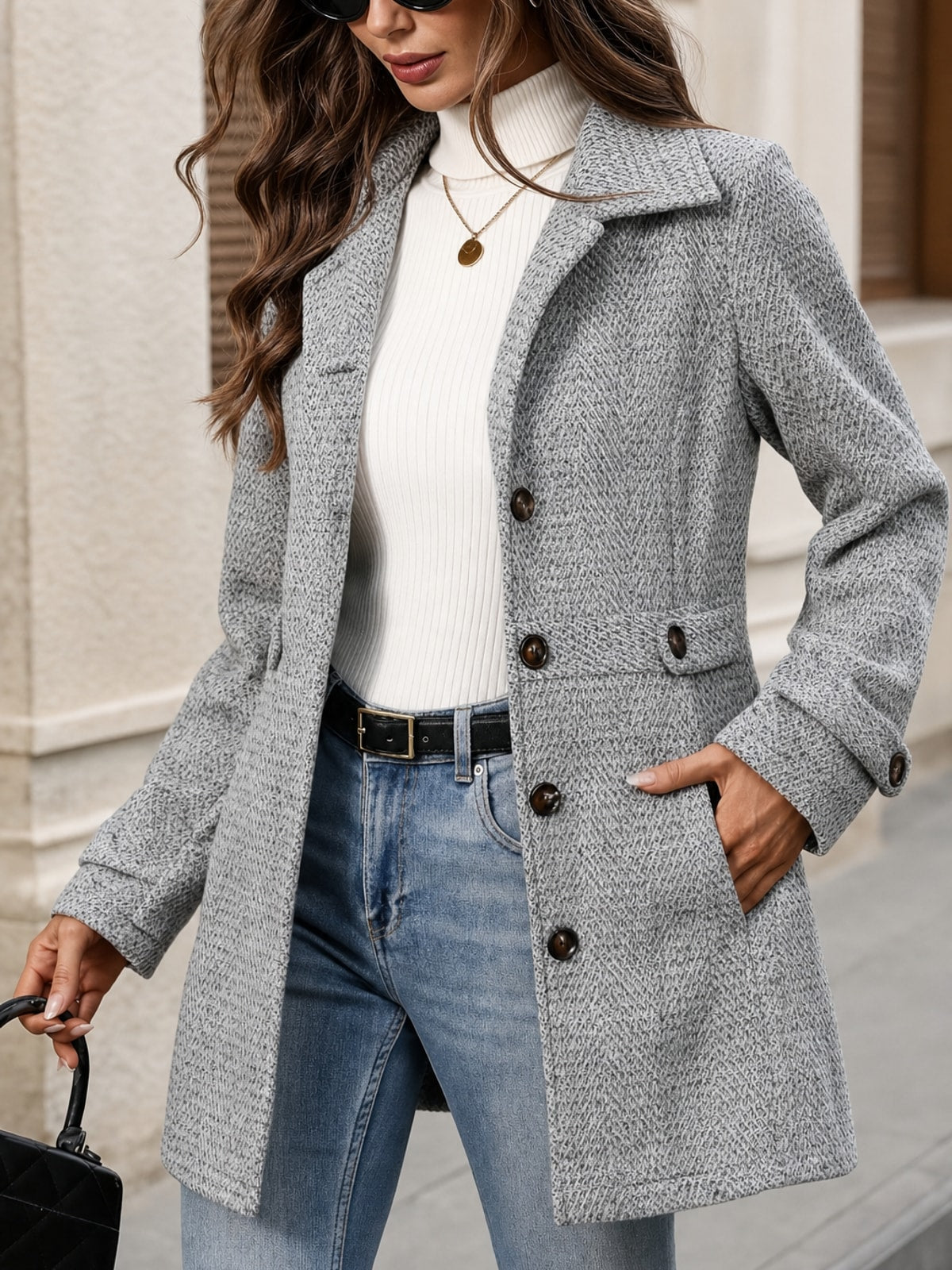 Elegant Herringbone Coat With Waist Defining Tailored Fit - 5