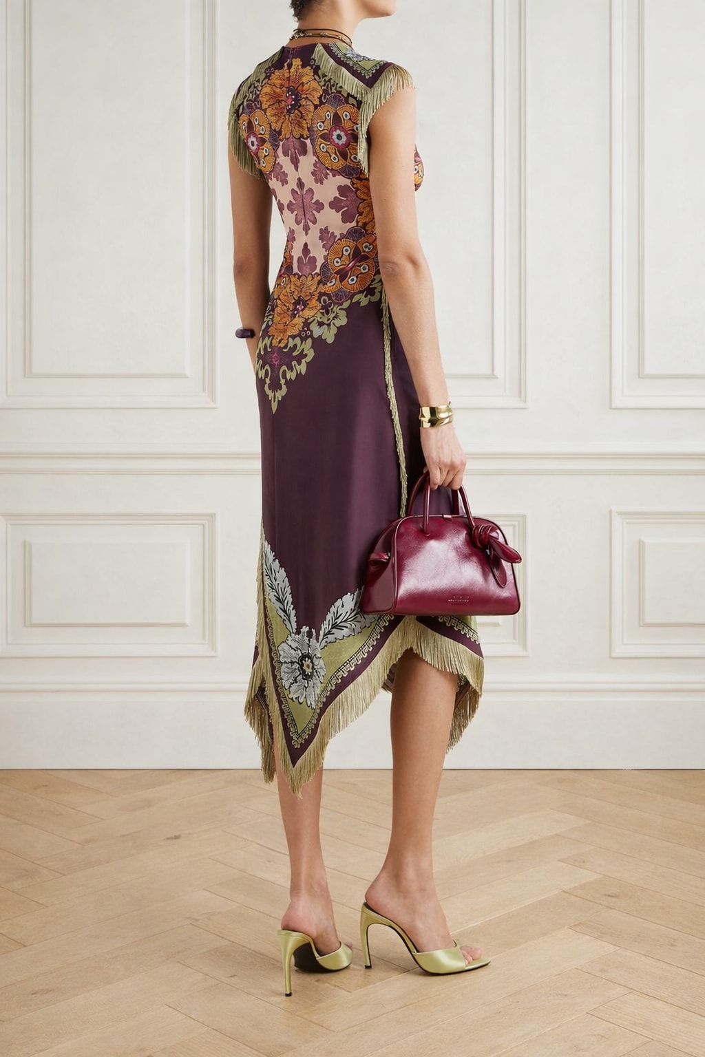 Satin Maxi Dress With Asymmetrical Fringe Hem - 3