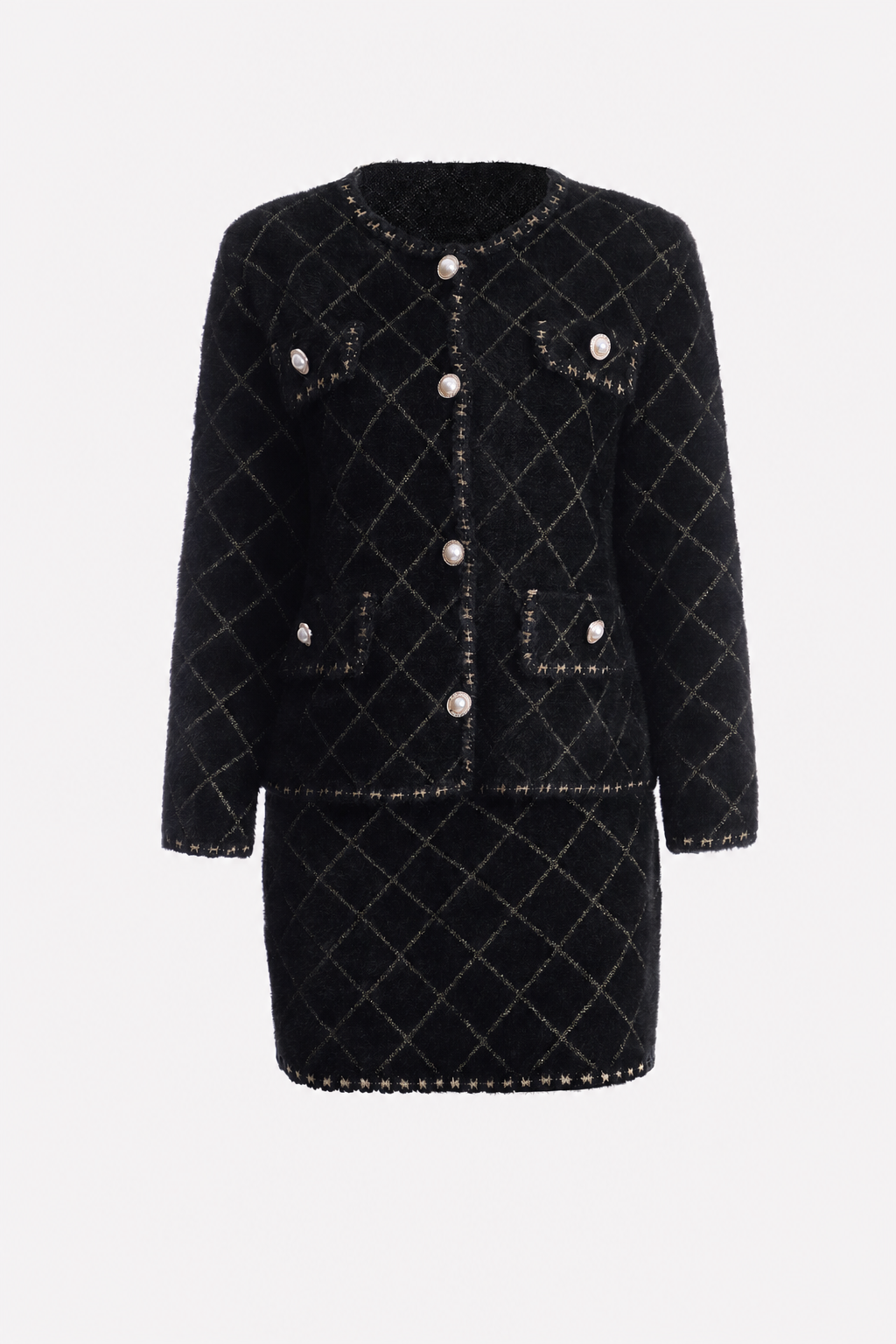 Argyle Cardigan and Mini Skirt Set in Black
