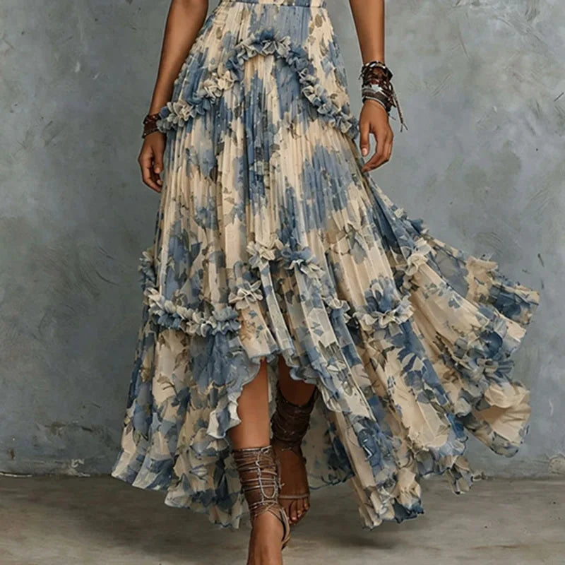 Blue Floral Applique Strapless Maxi Dress - view 6